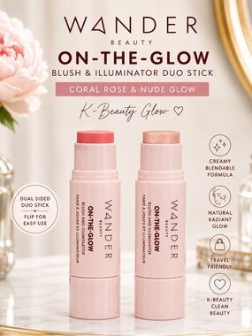 ✨ Wander Beauty On-The-Glow Blush & Illuminator Duo Stick Coral Rose & Nude Glow